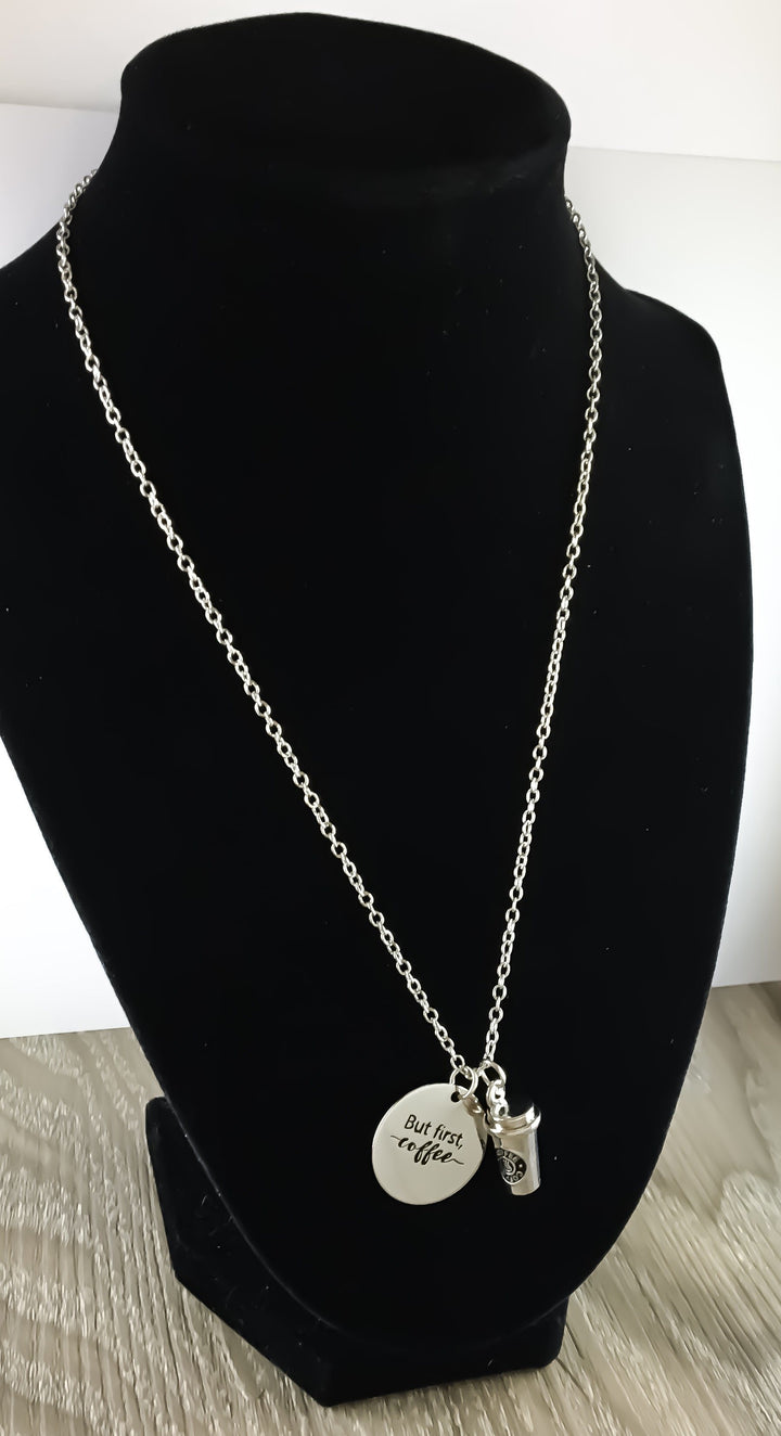 Coffee Lover Gifts, But First Coffee Charm Necklace with Card, Silver Coffee Cup - Miss Fit Boutique | Simple Reminders 