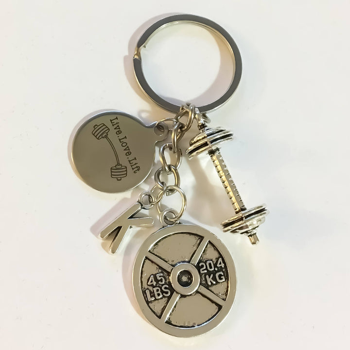 Live Love Lift, Barbell, 45lbs Weight Plate, Fitness Keychain with Intial