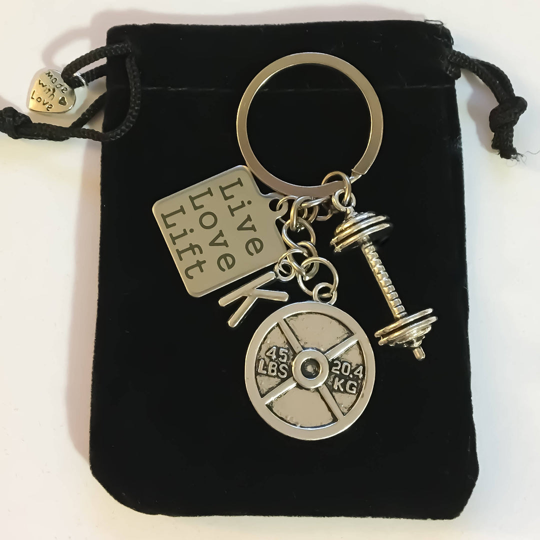 Live Love Lift, Barbell, 45lbs Weight Plate, Fitness Keychain with Intial