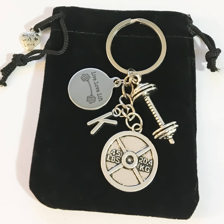 Live Love Lift, Barbell, 45lbs Weight Plate, Fitness Keychain with Intial