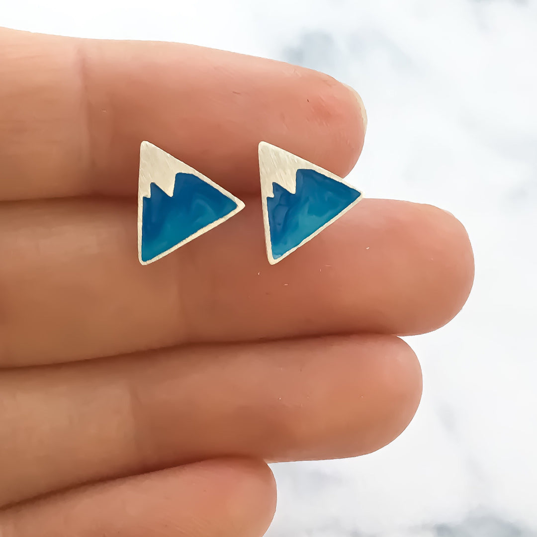 Blue Triangle Stud Earrings, Mountain Earrings, Sterling Silver Studs, Minimalist Jewelry, Travel Jewelry, Birthday Gift, Winter Jewelry
