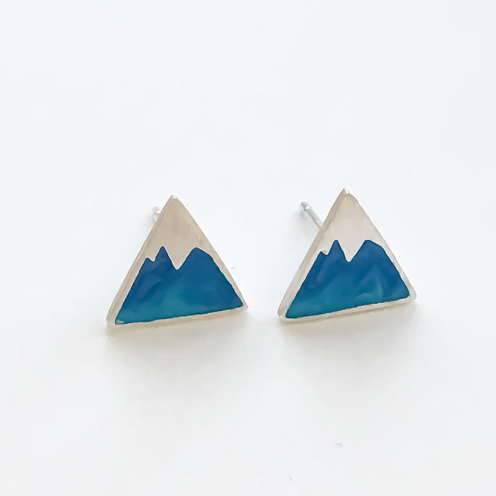 Blue Triangle Stud Earrings, Mountain Earrings, Sterling Silver Studs, Minimalist Jewelry, Travel Jewelry, Birthday Gift, Winter Jewelry