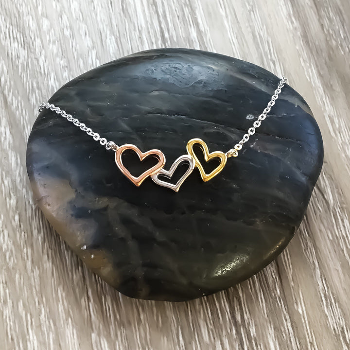 3 Hearts Necklace, Three Generations Pendant with Card , Dainty Heart Necklace, Grandmother Gift, Grandma Necklace, Sterling Silver Jewelry