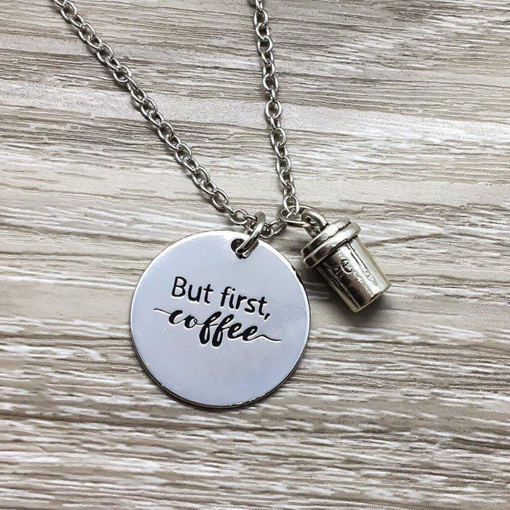 But First Coffee Coffee Necklace, Silver Coffee Cup Charm, Coffee Lover Gift, Coffee Jewelry, Stainless Steel Laser Charm, Teacher Gift
