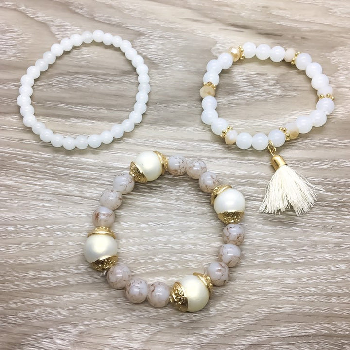 Triple Stack Beaded Bracelets, White Pink Multistrand Bead Bracelet Set of 3, Friendship Bracelets, Birthday Gift, Tassels, Daughter Gifts