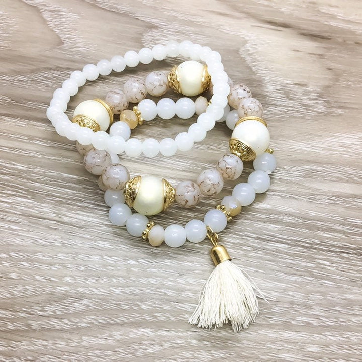 Triple Stack Beaded Bracelets, White Pink Multistrand Bead Bracelet Set of 3, Friendship Bracelets, Birthday Gift, Tassels, Daughter Gifts