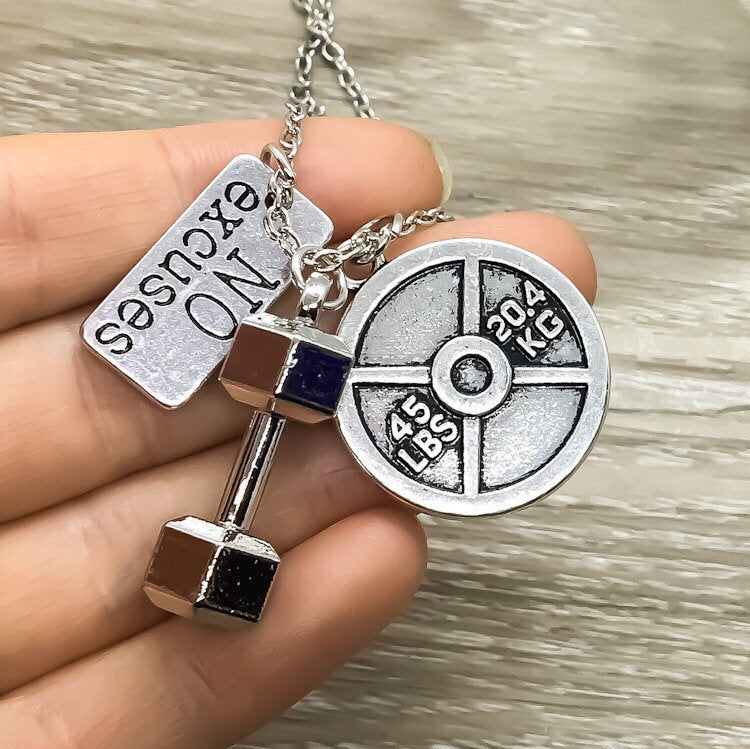 Motivational Fitness Necklace, Dumbbell Jewelry, Workout Accessories, Coach Gifts, Weightlifting Gifts, Fitness Charms, Gym Lover Necklace