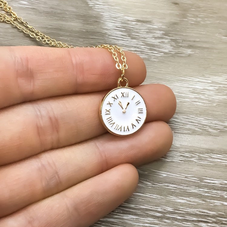 Clock Necklace, Minimalist Jewelry, Gold Pocket Watch Pendant, Artisan Necklace, Gift for Best Friend, Gift for Realtor, Every Day Necklace