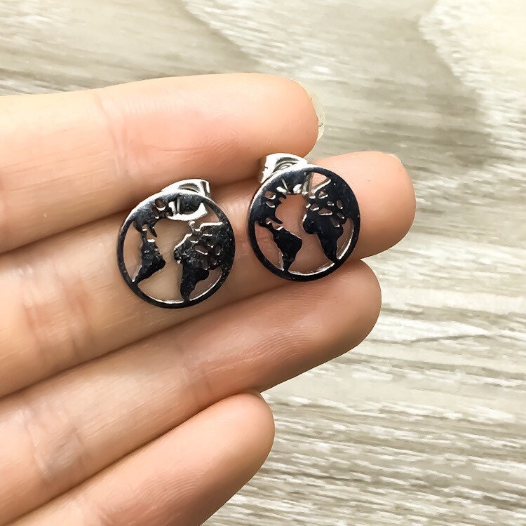 Planet Earth Earrings, World Map Stud Earrings, Dainty Globe Studs, Geography, Globetrotter Gift for Her,  Everyday Earrings, Wanderlust