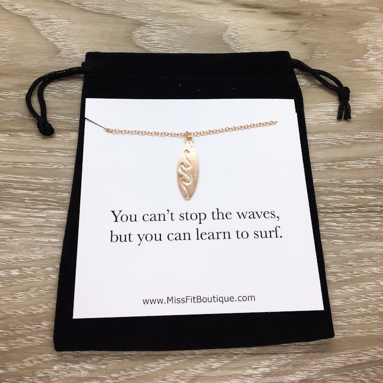 Gold Surfboard Necklace with Card, Beach Lover Necklace, Tropical Gift, Minimalist Surfing Necklace, Summer Sports Jewelry