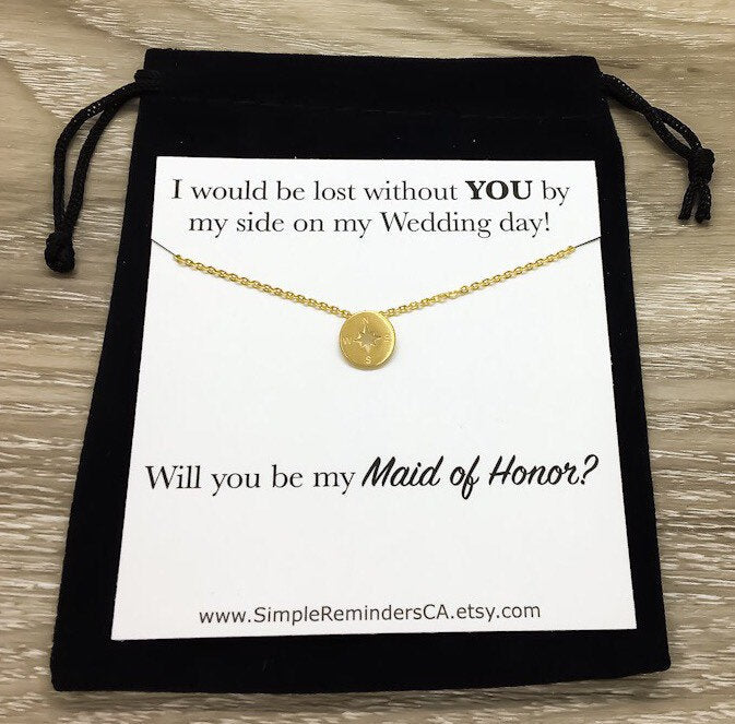 Maid of Honor Gift, Maid of Honor Proposal Necklace with Card, Tiny Compass Necklace, Will You Be My Bridesmaid Card, Gift for Her