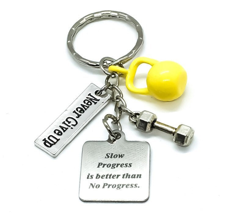 Porte-clés fitness, Breloque haltérophilie, « Les progrès lents sont les meilleurs », Motivation perte de poids, Breloque kettlebell, Coach sportif, Cadeau salle de sport