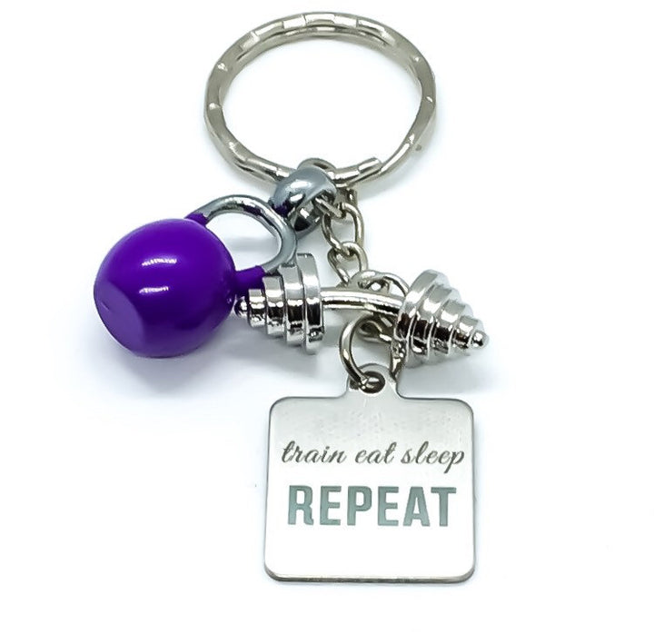 Gym Keychain, Train Eat Sleep Repeat, Fitness Quote, Kettlebell Charm, Motivational Keyring, Fitness Coach Gifts, Personal Trainer Gift