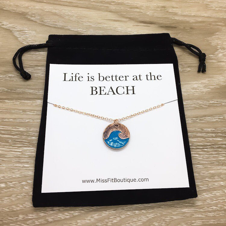 Life is Better at the Beach Card, Blue Water Wave Necklace, Beach Lover Necklace, Tropical Gift, Minimalist Ocean Necklace, Summer Jewelry