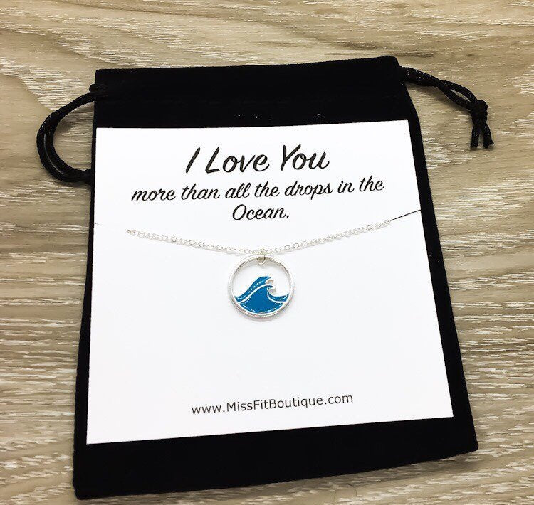 Blue Wave Necklace, I Love You More Than Card, Girlfriend Gift, Friendship Necklace, Tropical Gift, Minimal Water Necklace, Gift for Her