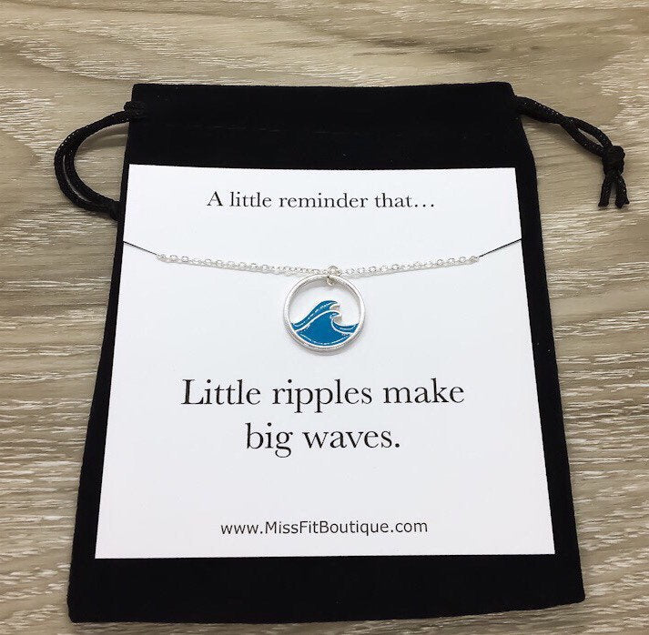 Little Ripples Make Big Waves Card, Silver Wave Necklace, Motivational Gift, Beach Lover Necklace, Gift for Mom, Minimal Water Necklace