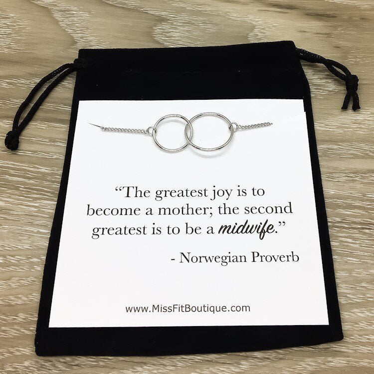Midwife Gift, Two Circles Necklace, Interlocked Double Circles, Circular Pendant, Thank You Gift for Doula, Pregnancy, Gift from New Mom