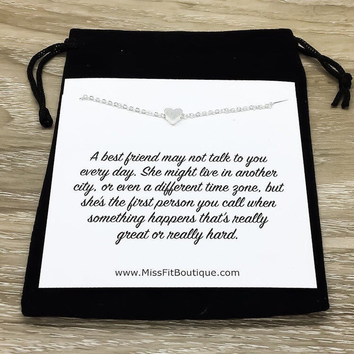 Long Distance Friendship Card, Gift, Dainty Heart Necklace, Silver, Gold, Rose Gold