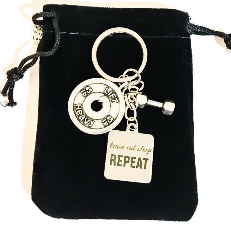 Fitness Mantra Keychain, Train Eat Sleep Repeat, Lift Heavy, Dumbbell Charm, Fitness Gifts, Gifts for Gym Lovers, Gym Keyring, Fitness Coach
