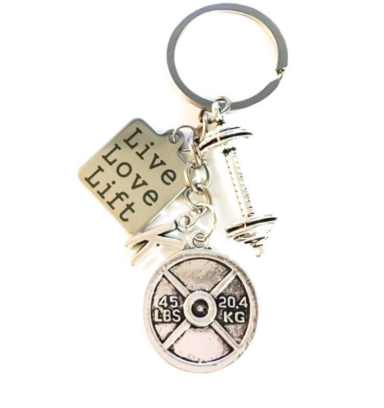 Porte-clés fitness personnalisé, « Vivre, aimer, soulever », motivation, porte-clés haltérophilie, initiale, cadeaux CrossFit, cadeaux pour coach sportif