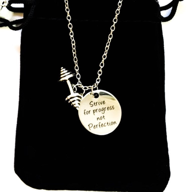 Strive for Progress, Motivation Quote Necklace, Fitness Gifts, Barbell Charm, Fitness Jewelry, Inspiration Necklace, Crossfit Gift, Workout