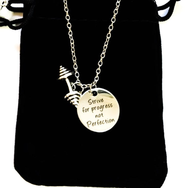 Strive for Progress, Motivation Quote Necklace, Fitness Gifts, Barbell Charm, Fitness Jewelry, Inspiration Necklace, Crossfit Gift, Workout