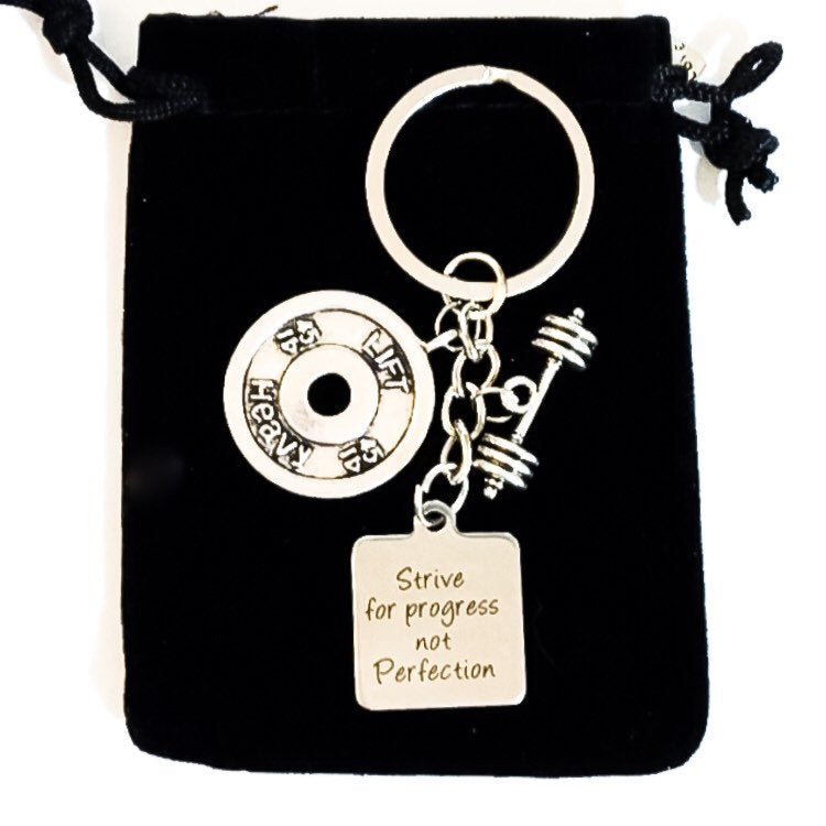 Strive for Progress Not Perfection, Fitness Keychain, Crossfit Gifts, Lift Heavy, Barbell Charm, Fitness Charms, Fitness Gifts, Holiday Gift