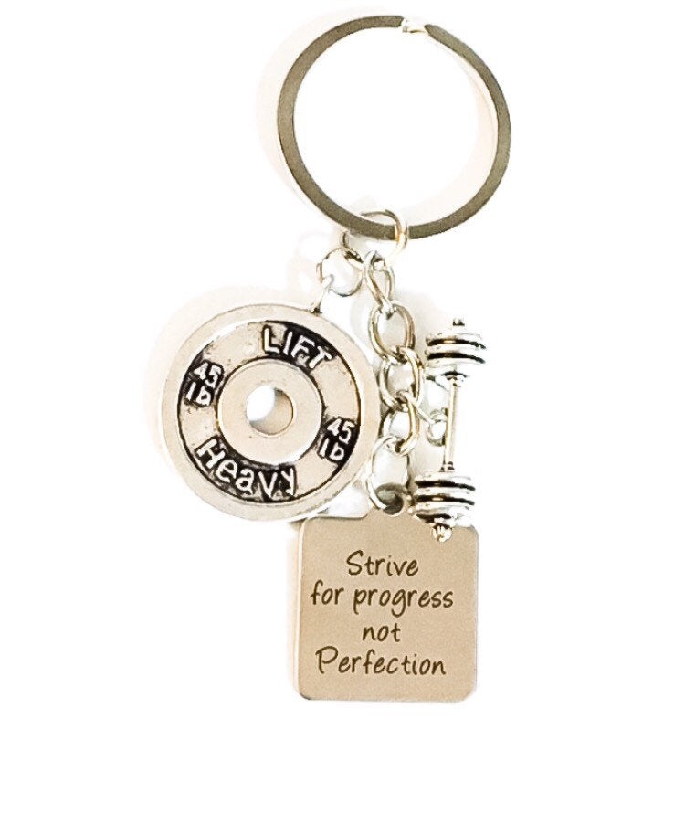 Strive for Progress Not Perfection, Fitness Keychain, Crossfit Gifts, Lift Heavy, Barbell Charm, Fitness Charms, Fitness Gifts, Holiday Gift