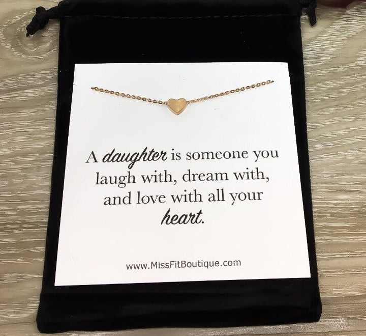 Daughter Quote Card, Tiny Heart Necklace, Rose Gold, Silver, Gold