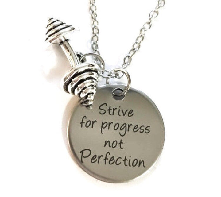 Strive for Progress, Motivation Quote Necklace, Fitness Gifts, Barbell Charm, Fitness Jewelry, Inspiration Necklace, Crossfit Gift, Workout