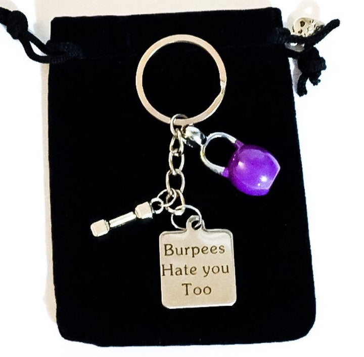 Burpees, Fitness Keychain, Kettlebell Charm, Personal Trainer Gift, Dumbbell Charm, Weightlifting Keychain, Weightloss Motivation, Quotes