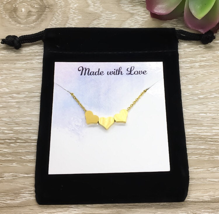 Tiny 3 Hearts Necklace with Card, Dainty Three Heart Necklace, Three Generations Gift, Grandmother Necklace, Gift from Granddaughter, Family