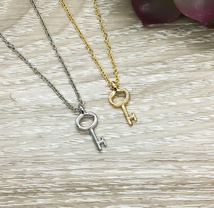 Teacher Appreciation Card, Tiny Key Necklace, Gold, Silver