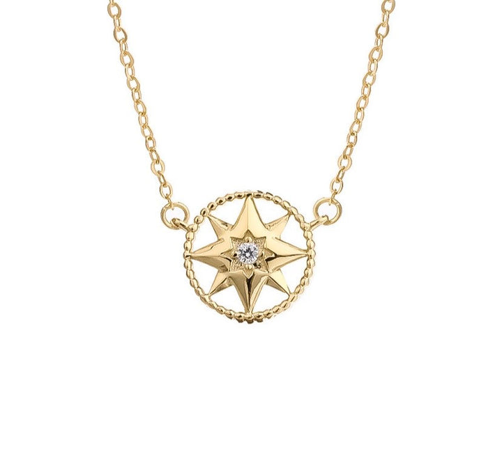Tiny Gold Compass Necklace, Sterling Silver Pendant