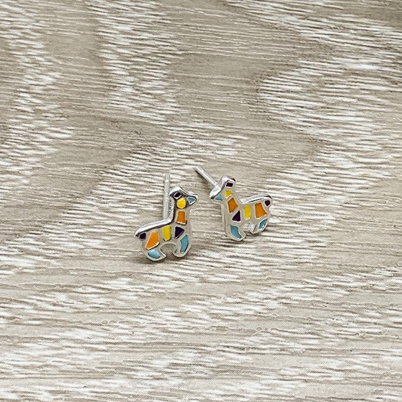 Tiny Llama Stud Earrings, Colorful Giraffe Earrings, Sterling Silver Jewelry, Alpaca Jewelry, Cute Earrings, Gift for Little Girl