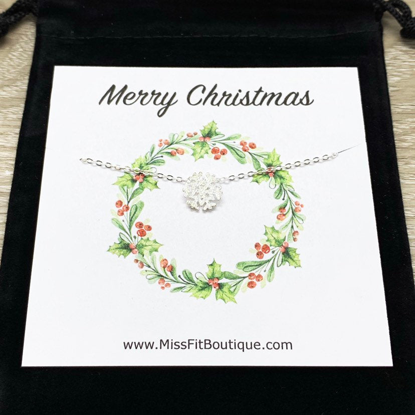 Snowflake Necklace with Card, Dainty Sterling Silver Pendant, Snowflake Jewelry, Merry Christmas Gift for Her, Long Distance Friendship