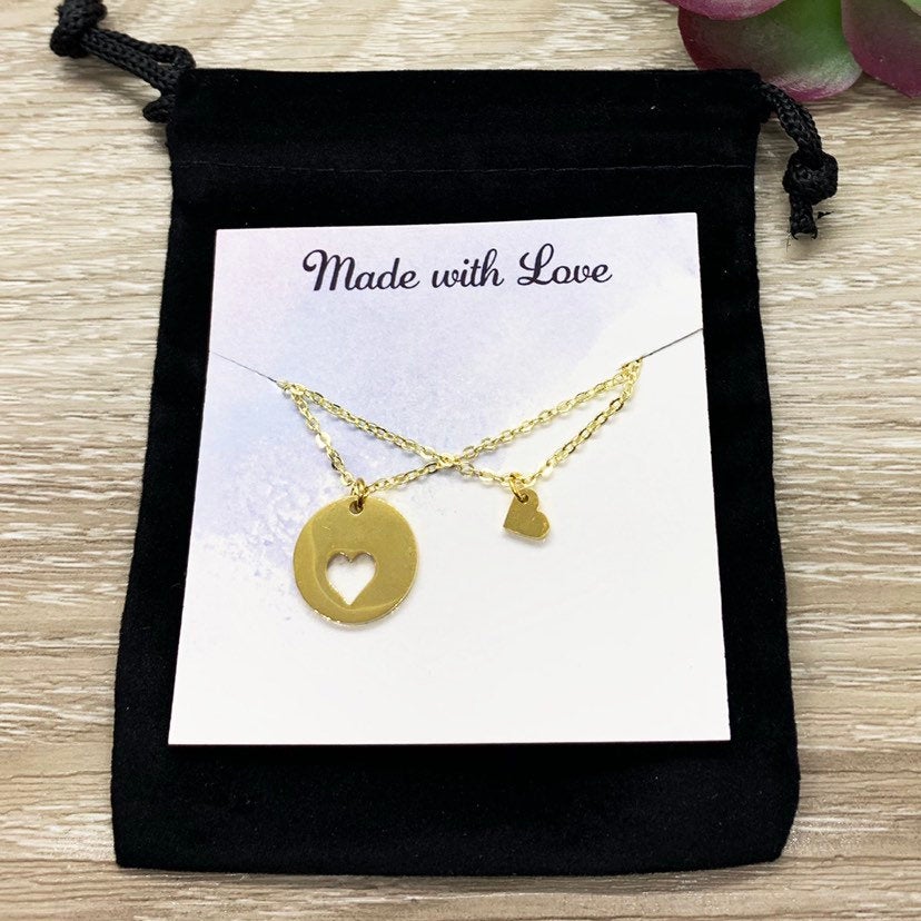 Mother Daughter Gift, Sharable Necklace Set for 2, Gift for Mom Matching Necklaces, Tiny Heart Cutout Pendant, Gift for Stepdaughter, BFF