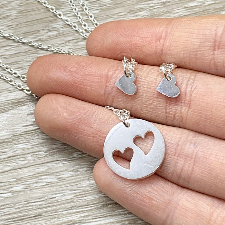 Grandmother of 2 Gift, Sharable Necklace Set for 3, Gift for Grandma Matching Necklaces, Tiny Heart Cutout Pendant, Gift from Grandchildren