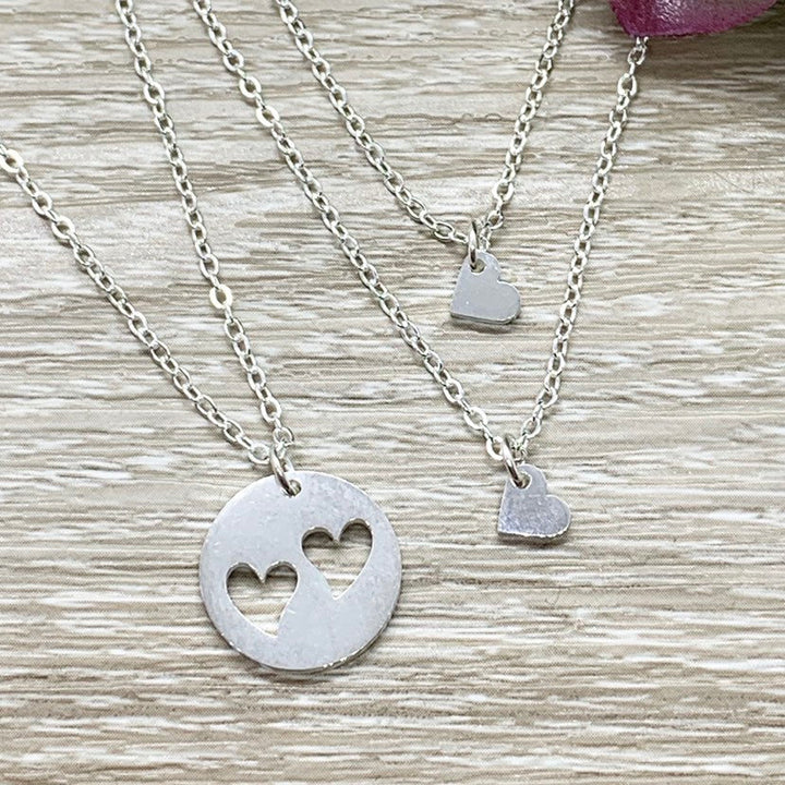 Grandmother of 2 Gift, Sharable Necklace Set for 3, Gift for Grandma Matching Necklaces, Tiny Heart Cutout Pendant, Gift from Grandchildren