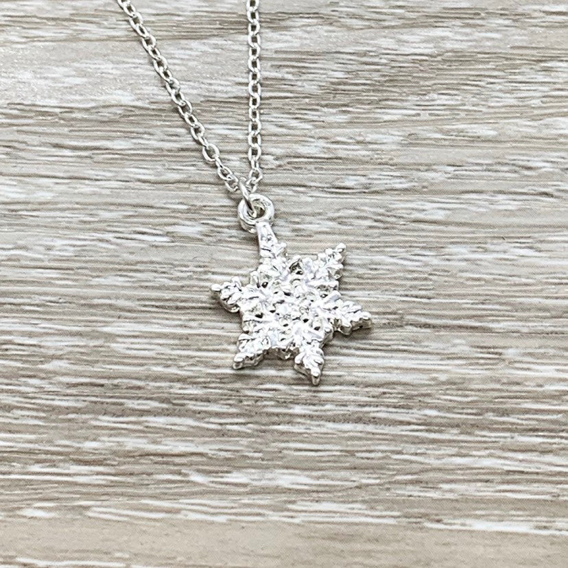 Snowflake Necklace with Merry Christmas Card, Dainty Winter Jewelry, Silver Snowflake Pendant, Gift for Her, Long Distance Friendship
