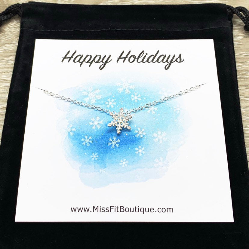 Tiny Snowflake Necklace with Personalized Card, Dainty Winter Jewelry, Snowflake Pendant, Happy Holidays Gift for Her, Secret Santa Gift