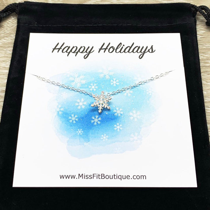 Tiny Snowflake Necklace with Personalized Card, Dainty Winter Jewelry, Snowflake Pendant, Happy Holidays Gift for Her, Secret Santa Gift