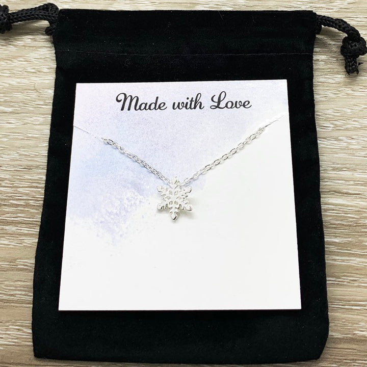 Tiny Snowflake Necklace with Personalized Card, Dainty Winter Jewelry, Snowflake Pendant, Happy Holidays Gift for Her, Secret Santa Gift
