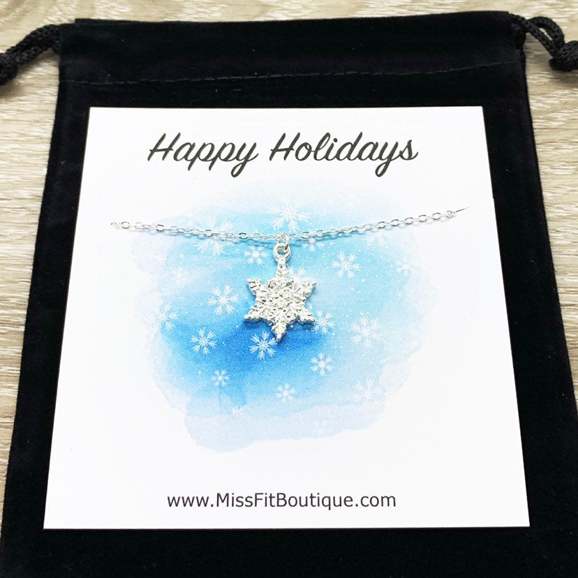 Snowflake Necklace with Merry Christmas Card, Dainty Winter Jewelry, Silver Snowflake Pendant, Gift for Her, Long Distance Friendship