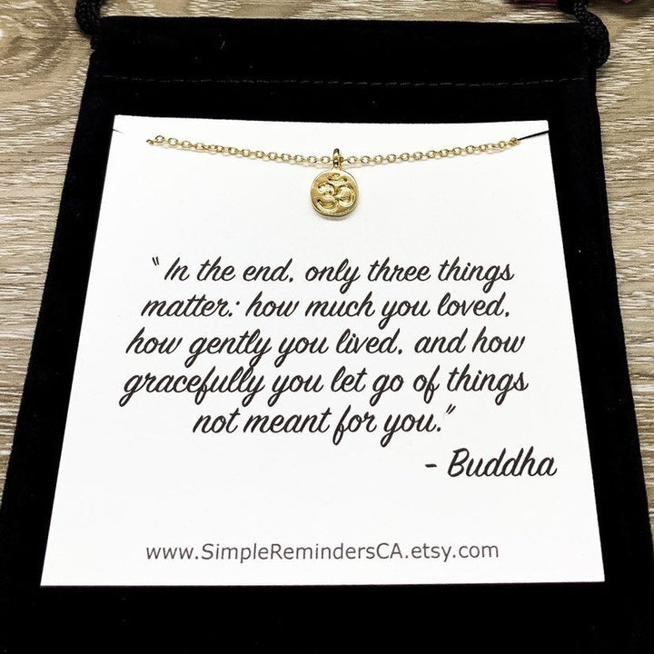 Tiny Ohm Necklace, Small Aum Jewellery, Buddha Quote Card, Meditation Gift, Buddhist Necklace, Zen Jewelry, Yoga Gift for Her, Delicate Gift