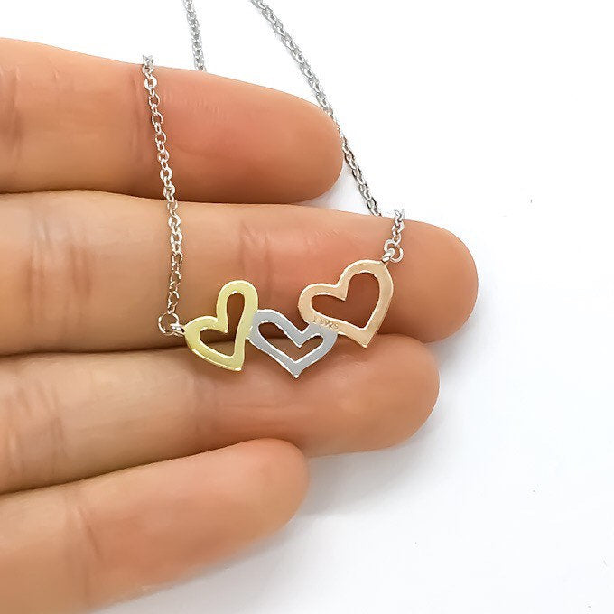 3 Hearts Necklace, Three Generations Pendant with Card , Dainty Heart Necklace, Grandmother Gift, Grandma Necklace, Sterling Silver Jewelry