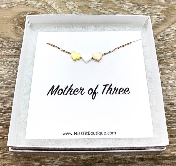 Mother of Three Gift, 3 Hearts Necklace with Personalized Card, Mother Necklace, Gift for Mom, Gift for Mom Jewelry, Dainty Hearts Necklace