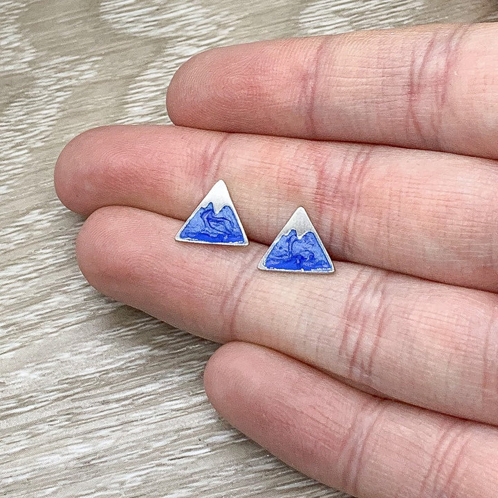 Blue Triangle Stud Earrings, Mountain Earrings, Sterling Silver Studs, Minimalist Jewelry, Travel Jewelry, Birthday Gift, Winter Jewelry