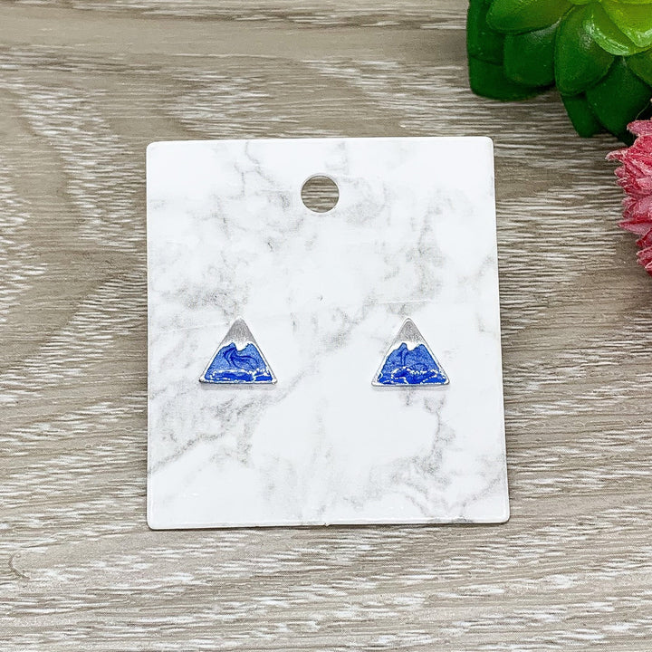 Blue Triangle Stud Earrings, Mountain Earrings, Sterling Silver Studs, Minimalist Jewelry, Travel Jewelry, Birthday Gift, Winter Jewelry