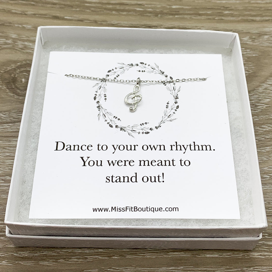 Inspirational Quote, Tiny Treble Clef Necklace, Music Note Pendant, Musical Jewelry, Stand Out, Birthday, Music Gift for Daughter, School